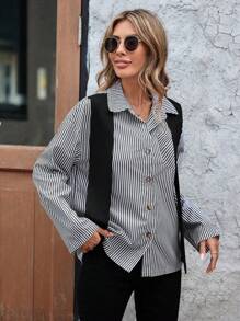 SHEIN LUNE 女款條紋捲袖襯衫,襯衫領口撞色拼接搭扣細節,寬鬆版型 - 黑與白 - 查看 3