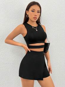 SHEIN PETITE 女士中空邊緣背心和分裂短裙套裝 - 黑色 - 查看 5