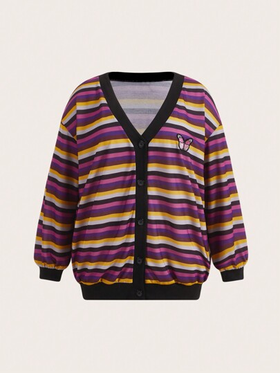Women's Plus Size Striped Trim Butterfly Patch Sweatshirt