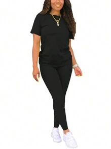 Women Solid Color Crew Neck Casual Short Sleeve T-Shirt And Pants Set - Black - View 3