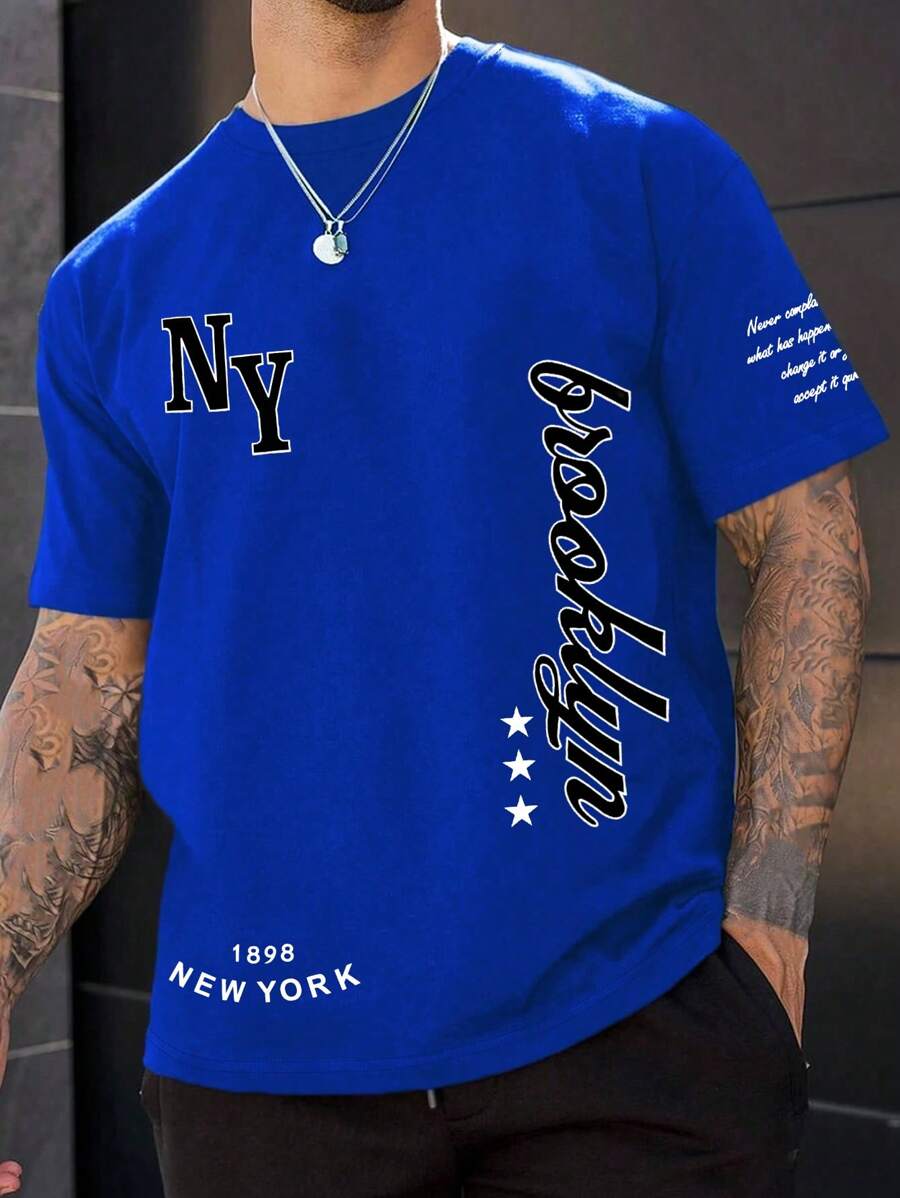 Manfinity Homme Men Letter Graphic Printed Short Sleeve T-Shirt, Boyfriend Gift, For Going Out - Blue - View 1