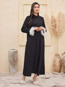 Al Najma Women'S Stand Collar Dress With Furry Sleeve Cuffs Kaftan Jalabiya Dress - Black - View 4