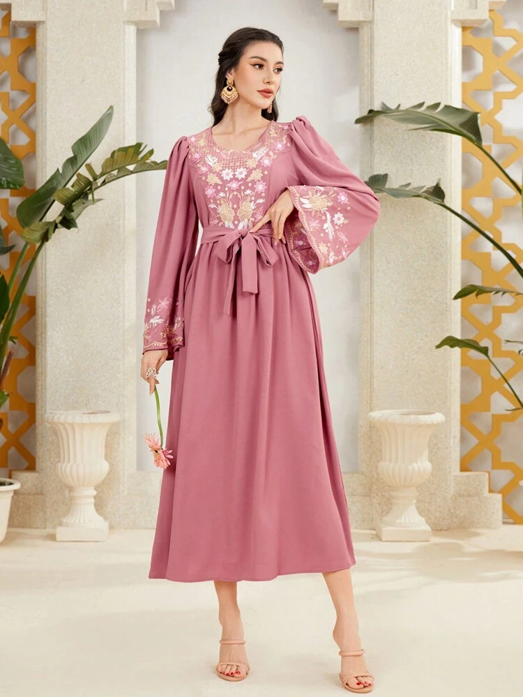 Women's Modest Belted Dress With Floral Embroidery & Long Bell Sleeves Kaftan Jalabiya Dress