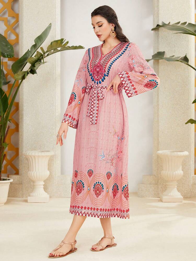 Women'S Random Printed Bell Sleeve Dress