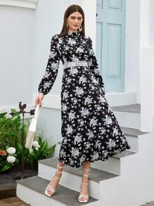 Seusyu Women's Floral Printed Stand Collar Long Sleeve Dress - Multicolor - View 3