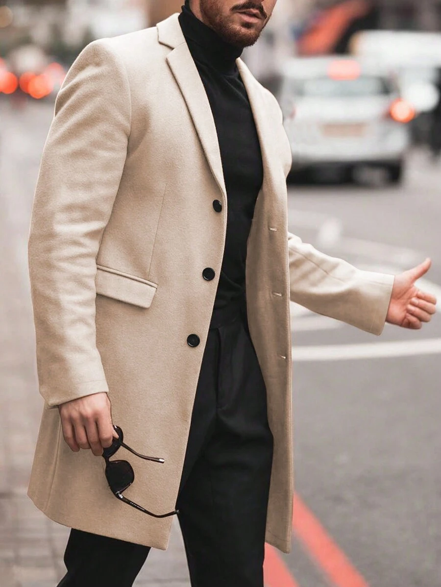 Manfinity Mode Men's Single-Breasted Solid Color Overcoat - Apricot - View 1