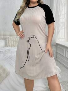 Ladies' Cartoon Cat Patterned Plus Size Casual Night Dress - Multicolor - View 4