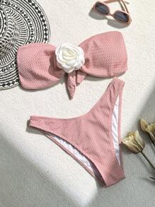 SHEIN Swim Bộ bikini khối màu đi biển mùa hè dành cho nữ có trang trí hoa 3d Valentine - Hồng - Xem 2