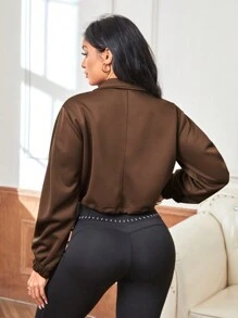 Daily&Casual 女士短款運動衫,配有下垂式領子 - 棕色 - 查看 2