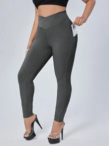 SHEIN ICON 加大碼高腰口袋運動褲,側邊條紋設計 - 深灰色 - 查看 1