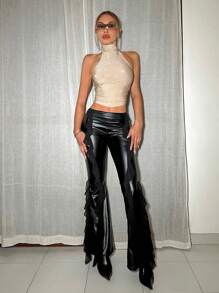 SHEIN ICON Glitter Y2k Party Crop Top With Back Knot And Halter Neck Strap