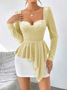 SHEIN Privé Sweetheart Neckline Asymmetric Velvet Bustier T-Shirt With Ruffle Trim Hem - Yellow - View 4