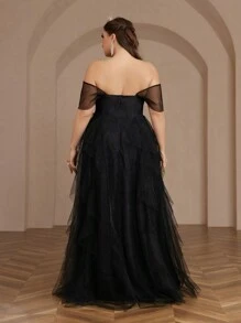 SHEIN Belle Plus Size Romantic Exaggerated Layered Black Mesh Evening Dress Plus Size Formal Ball Gowns Dress Elegant Prom Wedding Guest Dress, For Graduation, Dinner Party Dress - Black - View 6