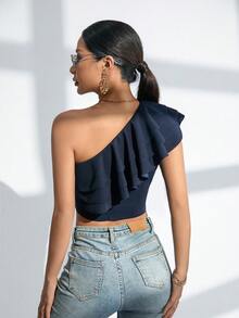 SHEIN Privé Women's Solid Color Asymmetrical Neckline Ruffle Hem Crop Top - Navy Blue - View 2