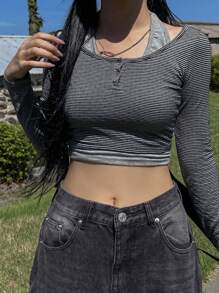 DAZY 女式条纹二合一露背T恤透明长袖女式上衣 - 黑色 - 查看 5
