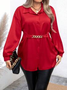 Calvaya Plus Size Solid Color Drop Shoulder Shirt With Metal Chain Decoration For New Year Clothes Fall Cloth For Women - Red - View 4