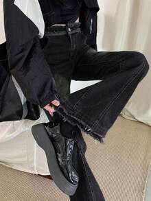 素色磨損邊牛仔喇叭褲