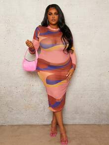 Slaydiva 大碼立領長袖透視連衣裙 - 橘色 - 查看 3