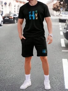 Manfinity RSRT Men's Coconut Tree & Letter Print Short Sleeve T-Shirt And Shorts Outfit, Summer