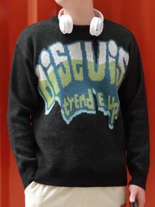 Manfinity Hypemode Suéter Masculino De Gola Redonda Com Padrão De Letras - Preto - Visão 4