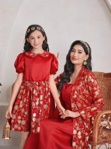 SHEIN Tween 女童彼得潘领短款泡泡袖泡泡下摆连衣裙 - 紅色 - 查看 2