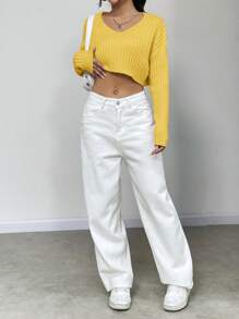 Flirla Women's V-Neck Crop Top Knit Pullover Fall Winter Sweater - Yellow - View 3