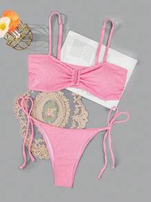 SHEIN Swim Solid Colored Ruffled Side Tied Swimwear Set Valentine Summer - Pink - View 6