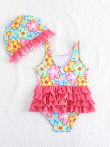 Baby Girl Flower Printed Swimsuit With Layered Ruffle Hem And Swim Cap - Multicolor - View 2