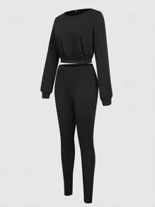 SHEIN 女式圆领长袖上衣和紧身裤两件套 - 黑色 - 查看 4