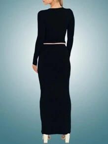 INAWLY Women's Solid Color Slim Fit Two Pieces Set Fall Cloth For Women - Black - View 2