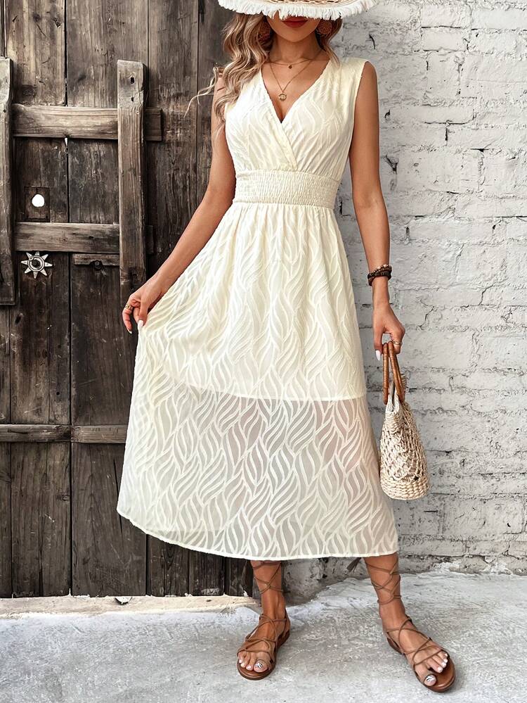 Ladies' Solid Colored Texture Detailed Waist Cinched Dress Summer Casual