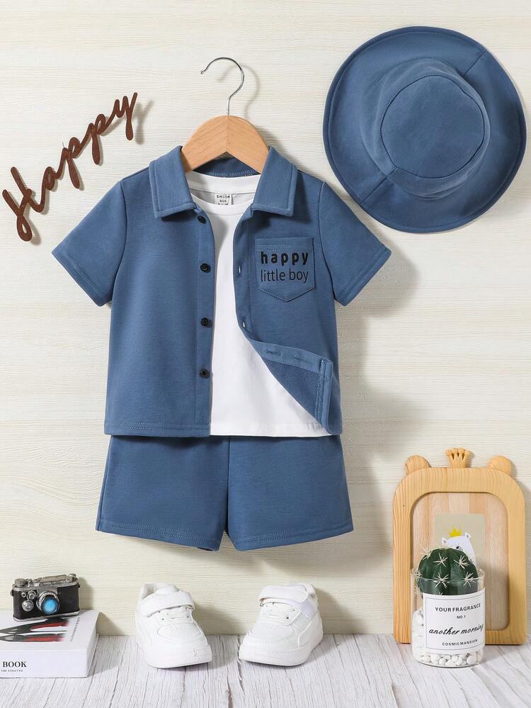 Baby Boy Unisex Baby Letter Print Shirt, Shorts And Hat Set With Round Neck