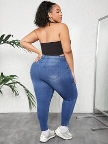 SHEIN CURVE+ 大尺碼修身牛仔褲 - 中等水洗藍 - 查看 2