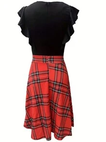 女式格子拼布短款盖袖 A 字形连衣裙 - 黑色 - 查看 2