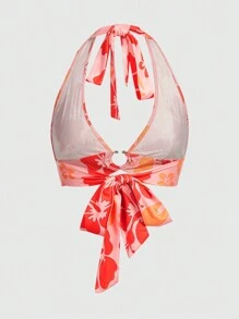 ROMWE Blommönster Halter Neck Rygglös linne, semester stil - Bränd Orange - Visa 2