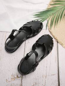 大尺碼女士平底涼鞋,配有豬籠扣,開放式腳趾 - 黑色 - 查看 4