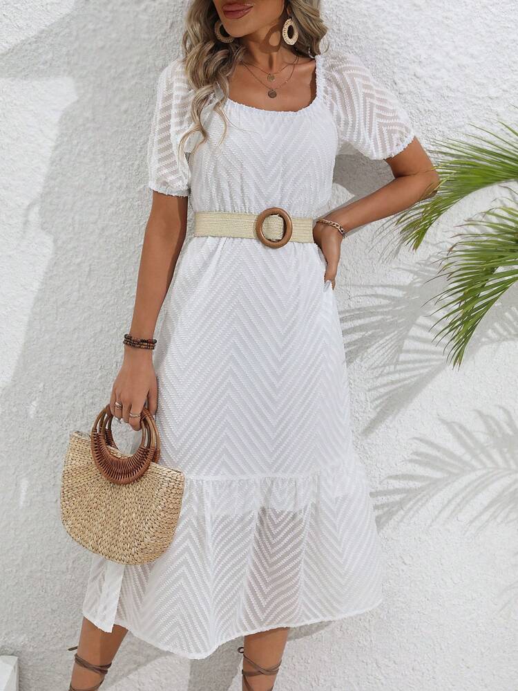 Women'S Puff Sleeve Jacquard Dress Without Belt
