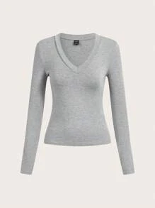 SHEIN EZwear Camiseta De Manga Larga De Punto Con Cuello En V Para Mujer - Gris - Ver 5
