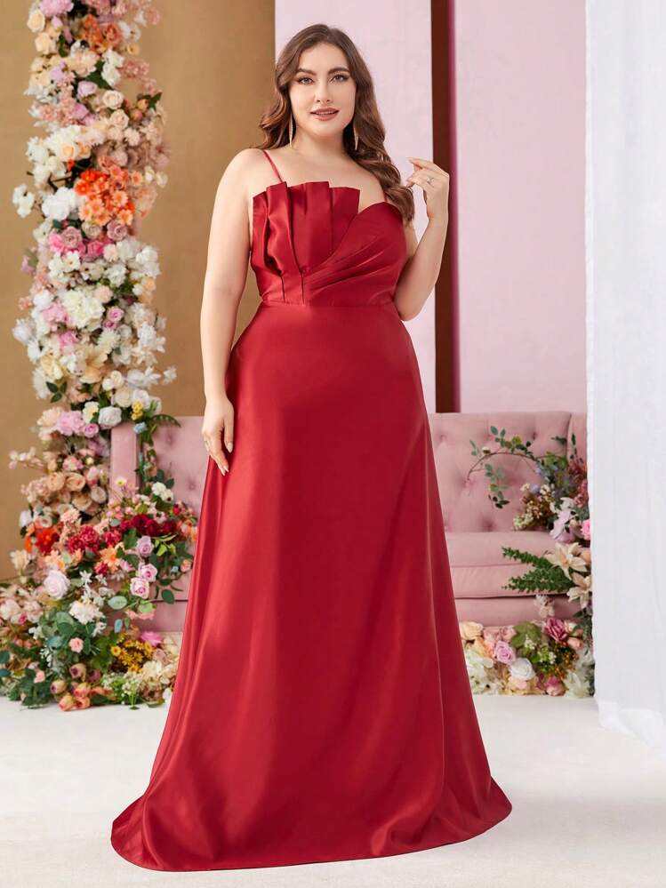 shein red dress plus size sale SHEIN LUNE Plus Size Red Halter Maxi Dress: Sleeveless Shirred Woven Fabric  Flared Hem Casual Style Long Dress For Women