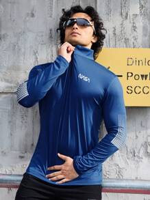 Manfinity Sport Corelite Men Letter Graphic Quarter Zip Sports Jacket Workout Tops Workout Tops Gym Top Fall Breathable Sports Jacket - Navy Blue - View 6