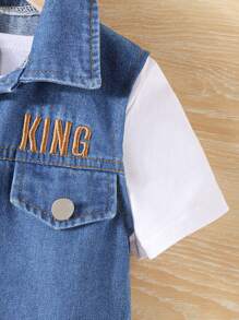 SHEIN 3 件/套 男嬰字母刺繡牛仔背心+長褲+打底t卹