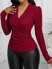Xyvia 女士長袖包身上衣 - 酒紅色 - 查看 1