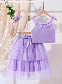 2pcs/Set Tween Girl Frill Edge Mesh Sleeveless Top And Mesh Skirt - Mauve Purple - View 1