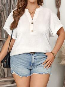 SHEIN LUNE Women's Plus Size Batwing Short Sleeve T-Shirt With V-Neckline And Notch Design - White - View 1