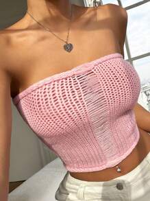 SHEIN EZwear 女士空心露肩針織上衣 - 粉色 - 查看 3