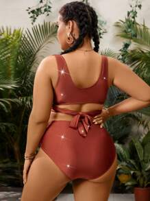 SHEIN Swim Curve Plus Size Women's Glittery Ruched Bikini Set Wedding Summer Beach - Brown - View 2