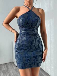 SHEIN Cottnline Glittering Cross Strap Backless Halter Party Dress - Navy Blue - View 1