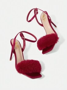 女士尖頭高跟涼鞋,細高跟和毛茸茸的細節 - 紅色 - 查看 5