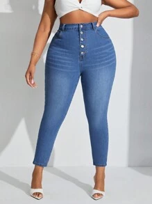 SHEIN SXY 大尺碼女性高彈性性感全配合身打底牛仔褲 - 藍色 - 查看 3