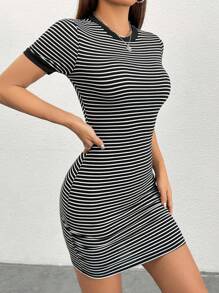 SHEIN PETITE 短袖條紋洋裝，小碼女款 - 黑與白 - 查看 5